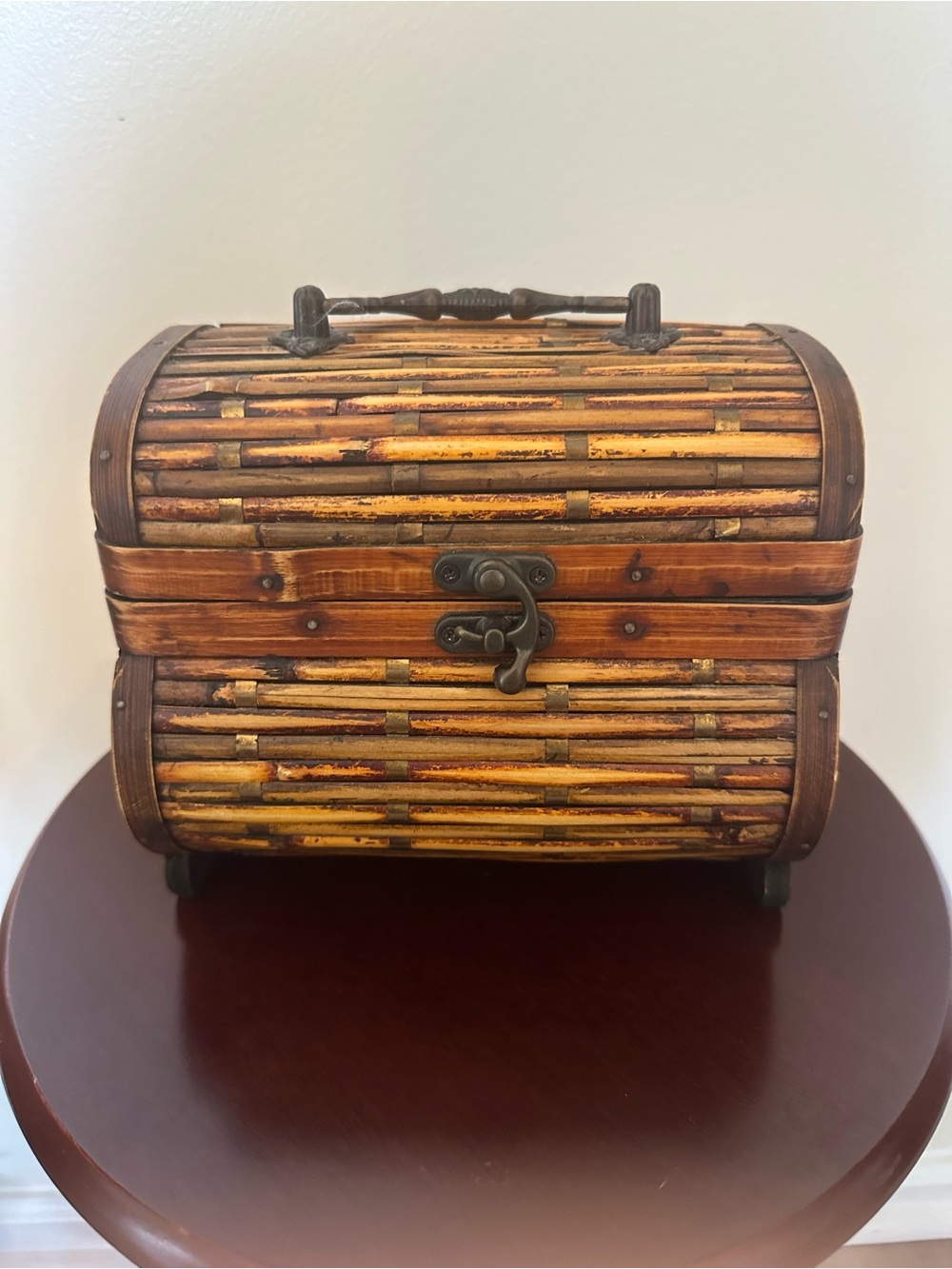 Vintage Handmade Jewelry Chest Bamboo, Wood, Metal. 7”